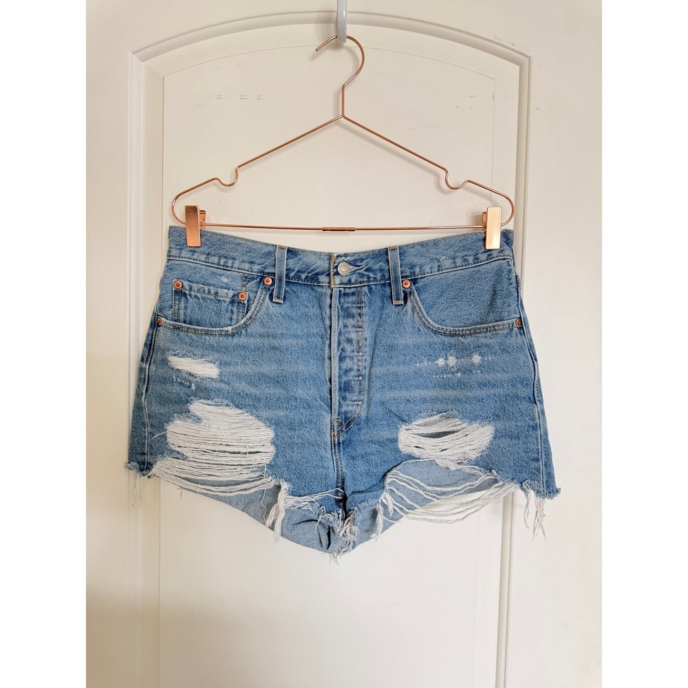 Levi's Denim Shorts Womens 501 Original Cutoff Size 32 Blue Distressed High Rise